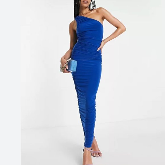 Femme Luxe One Shoulder Ruched Midi Dress - SIZE 8 - Picture 1 of 4